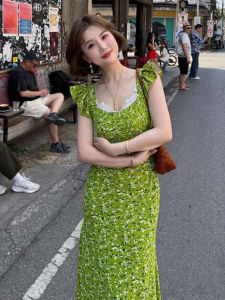 SUSIEYUAN | French Green Floral Print Summer Dress Womens Beautiful Long Skirt High Waist A-Line Gown Sleeveless U-Neckline Beach Vacation