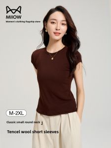 miiow | Slim Fit Short Sleeve Round Neck T-Shirt Womens Summer Thin Wool Lyocell Casual Versatile Base Shirt MiiOW Cat Person