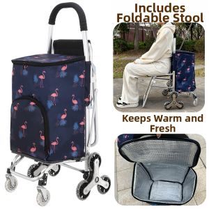 Thickened Aluminum Alloy Portable Folding Shopping Cart Vegetable Buying Car with Stool for Elderly Travel And Household Use