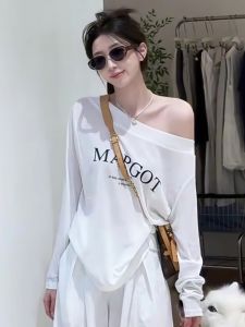 Shoulder Bared Letter Print Long Sleeve UV Protection T Shirt Womens Lazy Style Slimming Top Korean Style Commute Fashion
