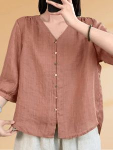 สีบริสุทธิ์ระดับไฮเอนด์ ผ้าฝ้าย ผ้าลินิน เสื้อเชิ้ต ฤดูร้อน บาง หลวม พรางหุ่น เปิด คาร์ดิเกน ดีไซน์ แขนสั้น คอวี สไตล์แม่ เสื้อท่อนบน