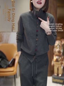 French Lazy Style High-necked Colored Button Womens Knitwear