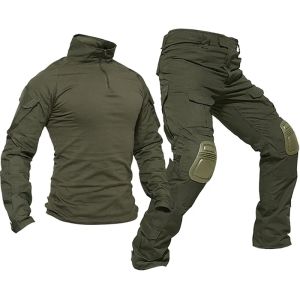 Outdoor Hunting Uniform Tactical Combat Shirts+Camo Cargo Pants+Pads Airsoft Paintball Breathable Suits Durable Fishing Jogging