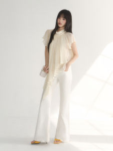 Textured Pleats Half-high Collar Irregular Hem Chiffon Blouse