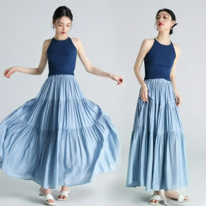 Female summer French style pear shaped figure with high waist and blue A-line skirt that covers the hips