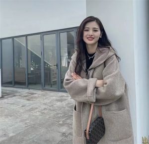 Áo Khoác Len Cashmere Hai Mặt Có Mũ Trùm Đầu Dành Cho Nữ Dáng Dài Rộng Rãi Kiểu Dáng Thanh Lịch Đơn Giản Phong Cách Công Sở Thời Trang Xuân Thu