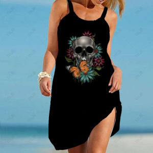 ชุดเดรสพิมพ์ลายแขนกุดลำลองสำหรับผู้หญิง ชุดเดรสยาวปานกลางแขนกุดพิมพ์ลายแฟชั่นฤดูร้อน ผ้าฝ้ายผสมโพลีเอสเตอร์