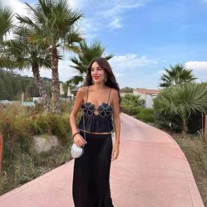 New 0 Style Womens Cotton Blend Shiny Flower Decorated Black Top Summer Short Sleeve Vest Fashion Trend Diamond Embedded