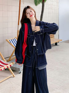 Fashionable Denim Set Womens Jacket And Wide Leg Pants Two Piece Suit Casual Style Autumn Collection Polyester Fiber