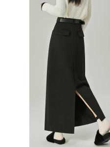Gray Woolen Thickened Spring Autumn Womens plus Size A-Line Split Long Skirt High Waist Straight Tube Skirt Commute Style