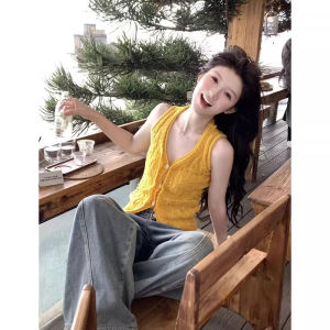 chaqi | Yellow V-neck Icy Silk Knitted Halter Sleeveless Crop Top for Women