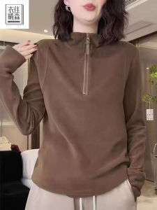 เสื้อเชิ้ตคอตั้งแบบหนา สำหรับผู้หญิงไซส์ใหญ่ ผ้าขนแกะสองด้าน ปิดซิปครึ่งตัว เสื้อสเวตเตอร์ขนแกะสำหรับใส่กลางแจ้ง แขนยาว สีพื้น