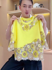 High-End Design Lace Splicing Yellow round Neck Loose Anti-Aging Short Sleeve T-Shirt Womens Summer New Style Casual Wear