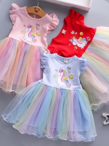 Princess Style Short Sleeve Baby Girl Dress Summer Outfit Childrens Skirt Fluffy Skirt Cotton Polyester Material Outdoor Wear