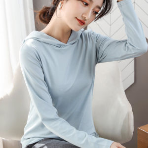 Hooded Silk Cotton Long Sleeve T-Shirt Womens Spring Autumn Loose Thin Base Shirt Trendy Hat Bottom Shirt Cotton Versatile
