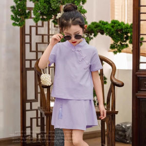 Girl Summer Clothing Chinese Style Suit Childrens Kids Fashion New Chinese Button Knots Tops Short Sleeves and Skirt Two-piece Set