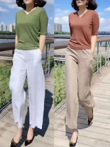 ชุดเซตสองชิ้นใส่ช่วงฤดูร้อนไซส์ใหญ่สำหรับผู้หญิงเสื้อเข้ารูปทรงหลวมแฟชั่นสไตล์ตะวันตกใส่แล้วดูผอมเพรียวกางเกงขากว้างทรงสอบเรียบหรูสำหรับสาวอวบ