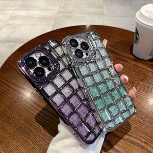 FLOVEME Luxury Gradient Glitter Phone Case For iphone 14 13 12 11 Pro Max 14 Plus INS Style Rhombic Lattice With Lens Film Protector Soft TPU Back Cover For iphone 14 13 12 11