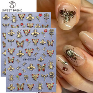1/2pcs Bronzing Nail Stickers 5D Embossed Bee Butterfly Flower Sliders Self-Adhesive Nail Decals DIY Retro Manicure Decoration