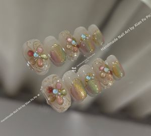 Handmade Wearing Nails Colorful Cats Eye Pearl Mirror Powder New Arrival Floral Squeezable Design Short Size Normal Pack