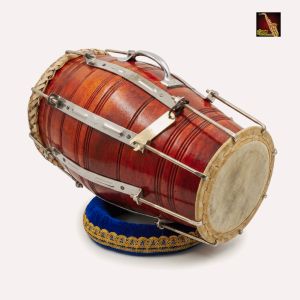 Standard Dholak with Bag and Spanner Traditional Indian Drum Wooden Body Metal Tension Rods Beige Drumhead Blue Cushion Stand
