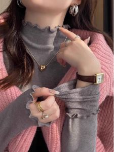Gray Rib Edge Half-high Collar Fleece Finish T-Shirt