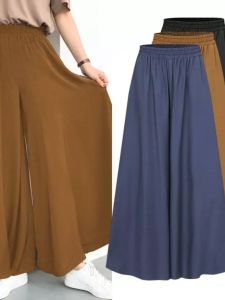 Summer 2025 plus Size Womens Wide Leg Pants Elastic Waist Casual Fashionable Long Trousers High Waist Polyester Fiber