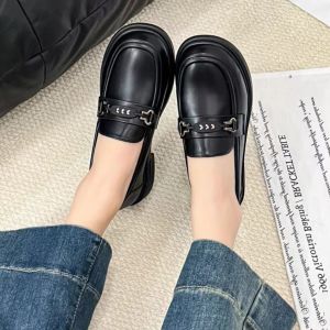 Black Loafers Womens 2025 New Spring Autumn Patent Leather British Style Flat Bottom Slip-On Shoes Fashionable round Toe mid Heel