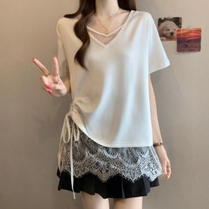 AIYITI | Large Plus Size Lace Trimmed Black V-neck Short Sleeve T-shirt