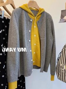 Korean Style Casual Hooded Splice Color Knitted Sweater Comfortable Lazy Style Womens Top Fashion Simple Open Cardigan