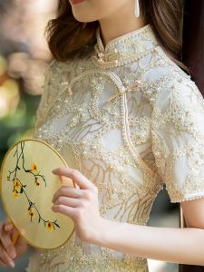 ชุดกี่เพ้าลูกไม้สไตล์ย้อนยุค ชุดกี่เพ้าปักลายดอกกุหลาบ ชุดเจ้าสาว ชุดไปงานแต่งงาน ชุดไปเยี่ยมบ้านหลังแต่งงาน ชุดกี่เพ้าผู้หญิง ชุดกี่เพ้าผู้หญิง