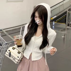 เสื้อแจ็คเก็ตคาร์ดิแกนแขนยาวมีฮู้ดทรงเข้ารูปสำหรับผู้หญิง สีเทา แฟชั่นฤดูใบไม้ร่วง เสื้อสั้น เสื้อคลุมกันหนาวสุดเท่