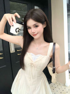 Slimming Design Sensation Mini Dress Womens Summer French Pure Desire Sweet Style A-Line Short Skirt Belted Waist Dress