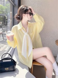Áo Khoác Chiffon Mỏng Nửa Trong Suốt Mùa Hè Mới Cho Nữ Thiết Kế Độc Đáo Đẹp Chống Nắng Áo Sơ Mi Dáng Rộng Dài Tay Cổ Polo