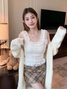 Lace Lace Camisole Womens Spring and Summer All-Match Silm Pure Desire Style Knitting Base Ride Short Tops Outerwear