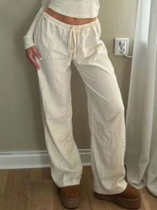 Solid Color Drawstring Straight Leg Pants High Waist Polyester Fiber Casual Trousers for Women Pure Color Bicolor