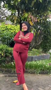 Oneset Hasra Sweater Rajut Kerah V-Neck Motif Garis-Garis Pita Setelan Celana Kulot Premium Wanita Lengan Panjang Kekinian