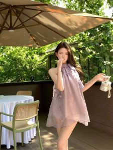 Áo Sơ Mi Voan Cổ Treo Màu Tím Kiểu Pháp Cho Nữ Mùa Hè Thiết Kế Rộng Rãi Thanh Lịch Hoa Mềm Mại Không Tay Cổ Tròn Dài Thường