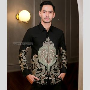Sharma Kemeja Batik Pria Lengan Panjang Manggar abu Formal Slim Fit Casual Baju Batik Cowok Laskala