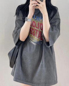 Chinese Fad Original New Arrivals American Retro Smoky Gray Washed Distressed Loose Short-Sleeved T-shirt Womens Summer round Neck Tops