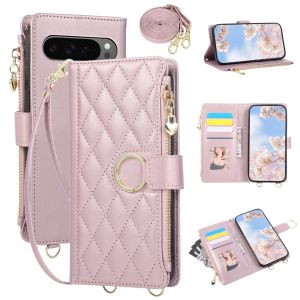 Quilted Zipper Wallet Phone Case For Google Pixel 10 Pro XL 9A 8A 7A 6A 9 8 7 6 Crossbody Strap Flip Leather Card Holder Cover