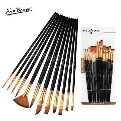 Bộ 12 Cọ Vẽ Lông Nylon Dành Cho Nghệ Sĩ Và Người Nghiệp Dư - Cọ Dẹt Dùng Cho Tranh Màu Nước Sơn Dầu Và Acrylic Cán Gỗ