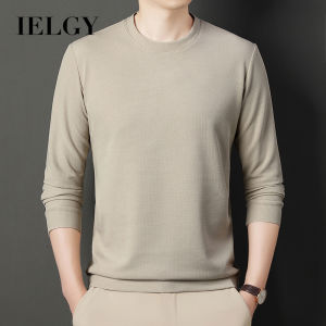 IELGY Waffles Mens Long-sleeved T-shirt New Solid Color Round Neck Casual All-match Sweater Simple Base Shirt