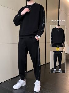ROMON | Romon Mens Casual Sports Set Spring Autumn New Style Youth Trendy Round Neck Sweatshirt Running Two Piece Set Polyester Fiber