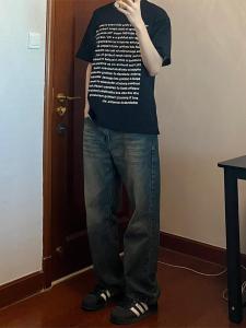 Retro American High Street Vibe Loose Straight Leg Blue Jeans Mens Wide Leg Drapey Pants Trendy Youthful Summer Jeans