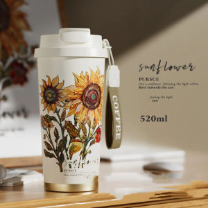 Van Gogh Style Flower Coffee Mug 500ml Stainless Steel Vacuum Flask Straw and Directly Drinking Insulated Tumbler Thermal Cup