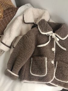 Thickened Lamb Fur Collar Fleece Girls Jacket Winter Coat Korean Style Cotton Clothes for Babies And Kids round Neck Single Button