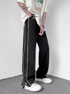 American Vibe Mens Zipper Frayed Jeans High Street Trendy Brand Loose Straight Cut All Seasons Casual Teen Boys Denim Pants