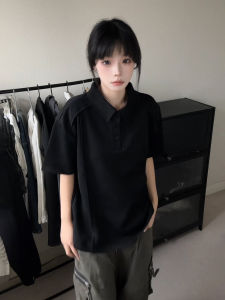 Black Polo Shirt Collared Short Sleeve Mens Summer Space Cotton Shoulder T-Shirt Cleanfit Vintage Style Top for Teens