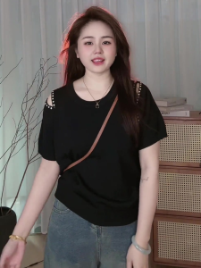 Áo Thun Nữ Tay Ngắn Dệt Kim Dáng Rộng Mùa Hè Mới Cỡ Lớn Thiết Kế Vai Áo Cotton Màu Trơn Cổ Tròn Phong Cách Hàn Quốc